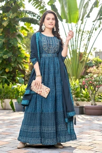 GC DIGITAL PRINTD CHINNON GOWN DUPATTA WITH BELT - M-38, Blue