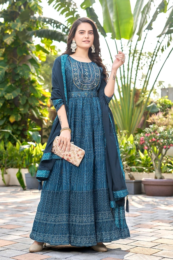 GC DIGITAL PRINTD CHINNON GOWN DUPATTA WITH BELT - M-38, Blue