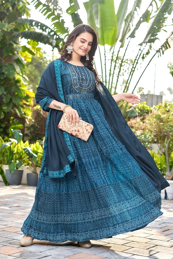 GC DIGITAL PRINTD CHINNON GOWN DUPATTA WITH BELT - M-38, Blue