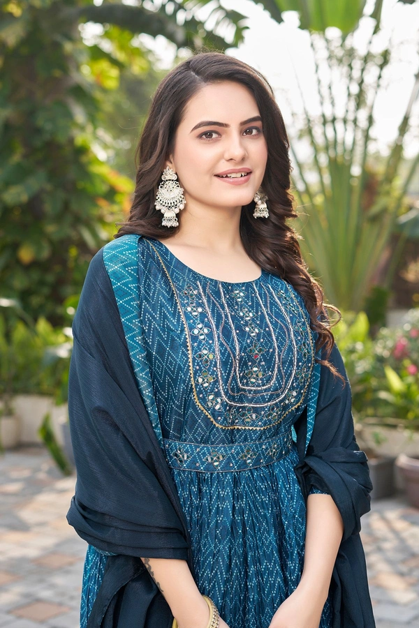 GC DIGITAL PRINTD CHINNON GOWN DUPATTA WITH BELT - M-38, Blue