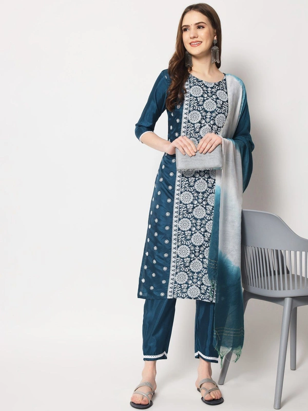 FWVT ETHNIC NECK EMBROIDERED SET  WITH DUPATTA - XL-42, Ciyan Blue