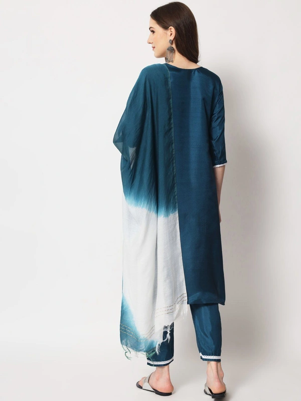 FWVT ETHNIC NECK EMBROIDERED SET  WITH DUPATTA - XL-42, Ciyan Blue