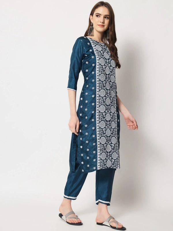 FWVT ETHNIC NECK EMBROIDERED SET  WITH DUPATTA - XL-42, Ciyan Blue