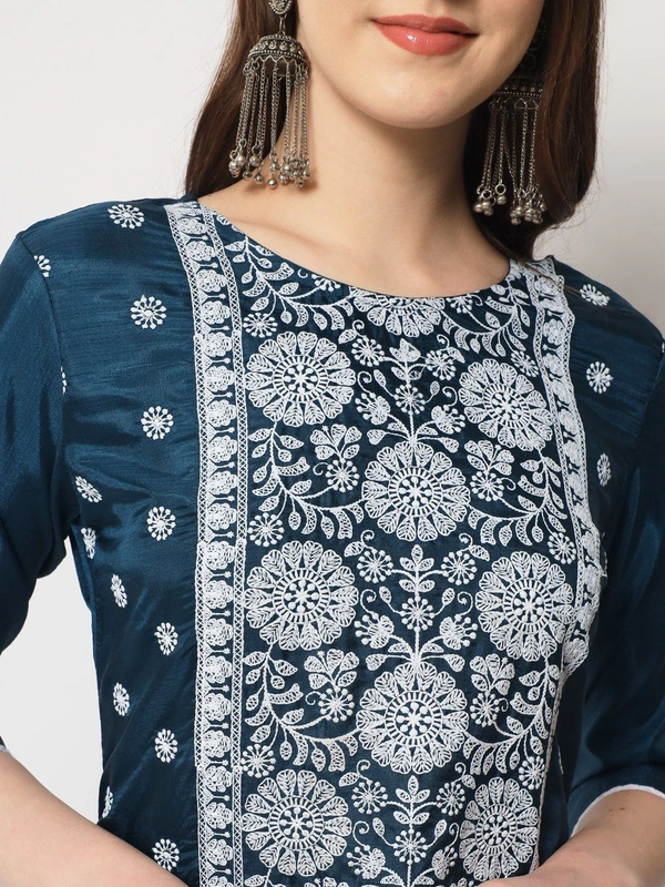 FWVT ETHNIC NECK EMBROIDERED SET  WITH DUPATTA - XL-42, Ciyan Blue
