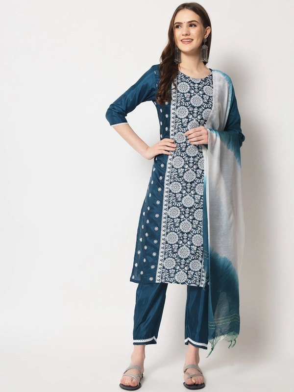 FWVT ETHNIC NECK EMBROIDERED SET  WITH DUPATTA - XL-42, Ciyan Blue