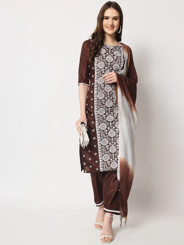 FWVT ETHNIC NECK EMBROIDERED SET  WITH DUPATTA - L-40, Congo Brown