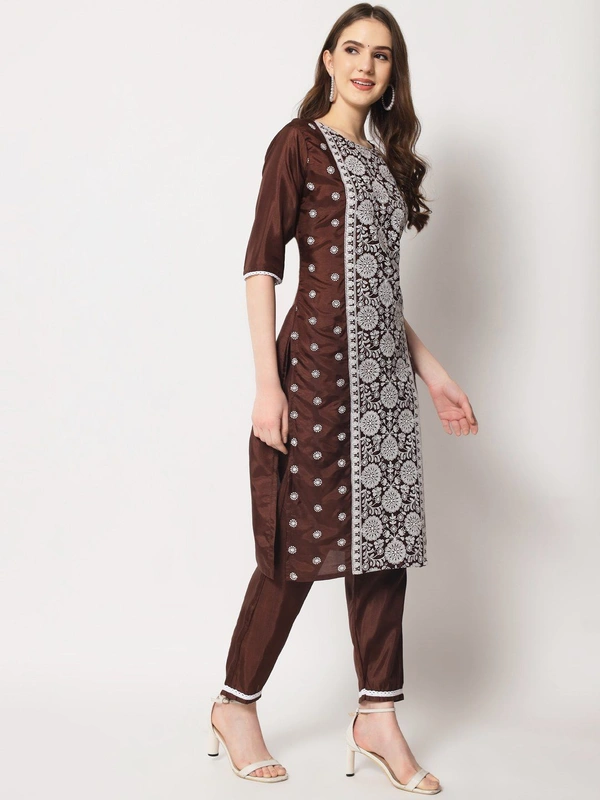 FWVT ETHNIC NECK EMBROIDERED SET  WITH DUPATTA - L-40, Congo Brown