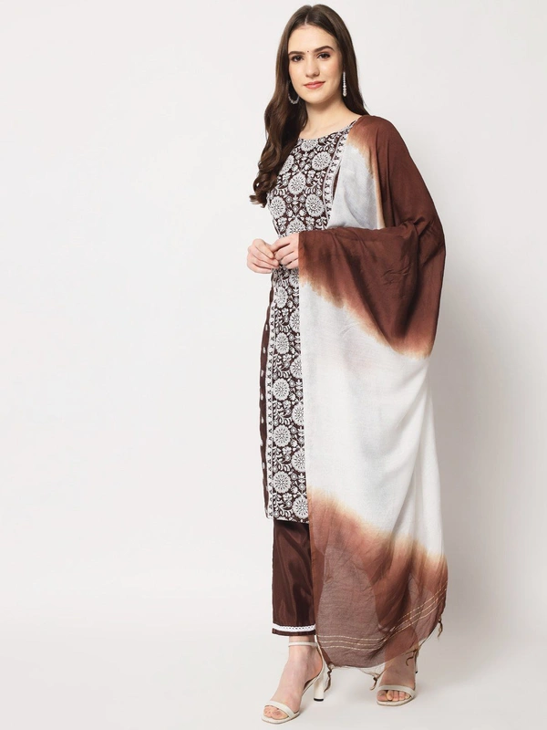 FWVT ETHNIC NECK EMBROIDERED SET  WITH DUPATTA - L-40, Congo Brown