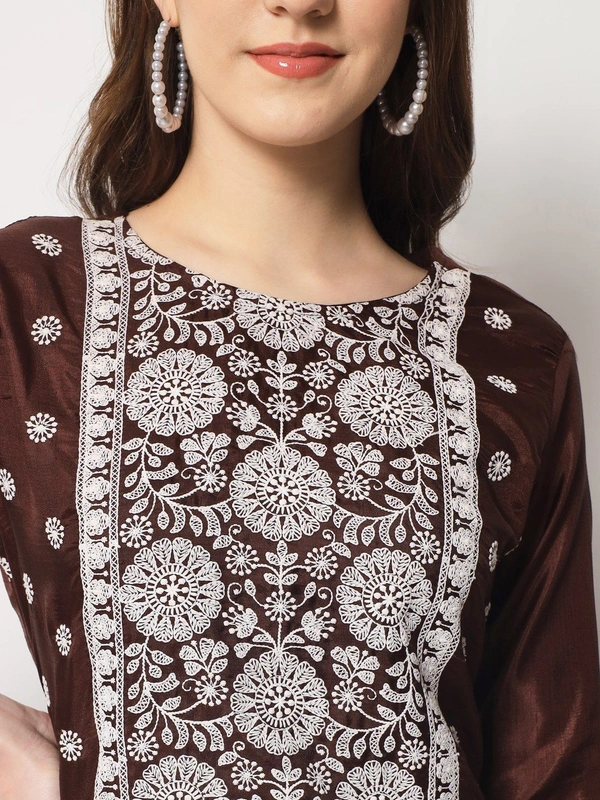 FWVT ETHNIC NECK EMBROIDERED SET  WITH DUPATTA - L-40, Congo Brown