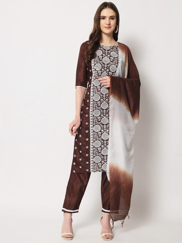 FWVT ETHNIC NECK EMBROIDERED SET  WITH DUPATTA - L-40, Congo Brown