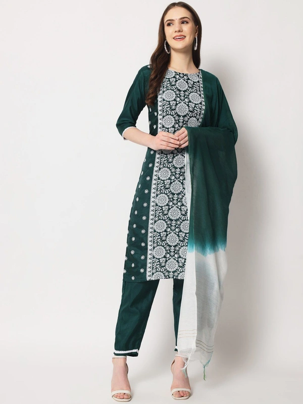 FWVT ETHNIC NECK EMBROIDERED SET  WITH DUPATTA - M-38, Gable Green