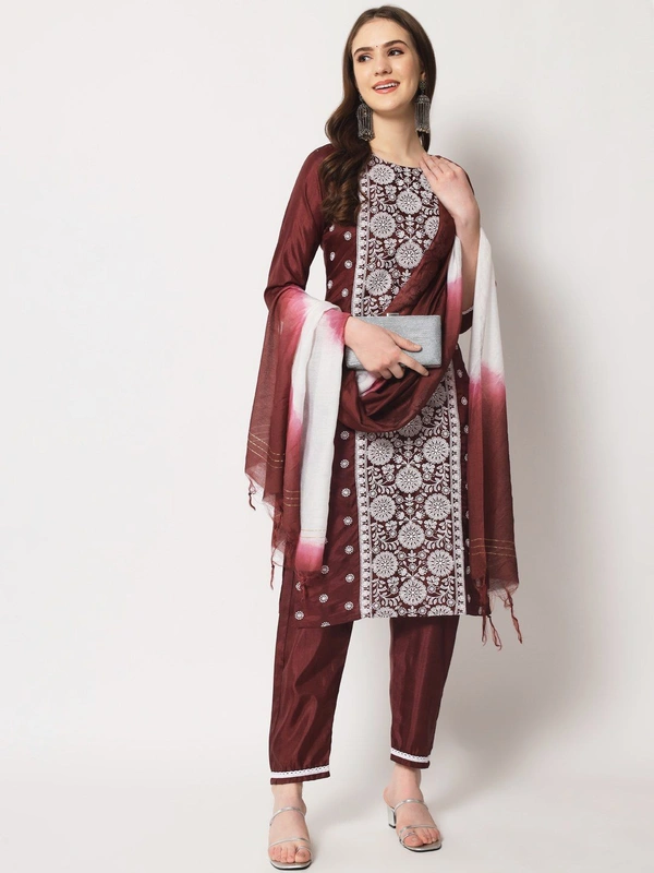 FWVT ETHNIC NECK EMBROIDERED SET  WITH DUPATTA - M-38, Wine