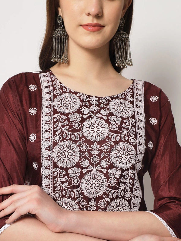 FWVT ETHNIC NECK EMBROIDERED SET  WITH DUPATTA - M-38, Wine