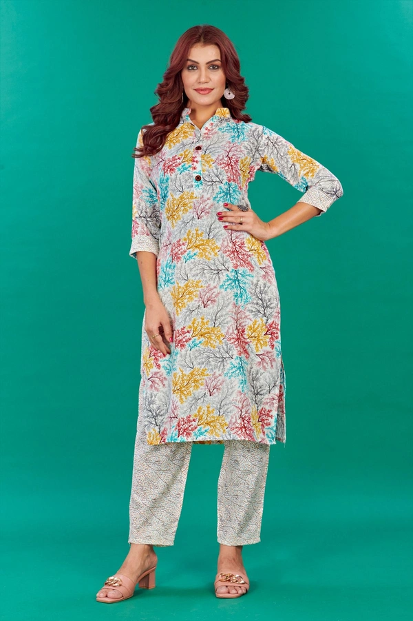 FWVT JAIPURU PRINT PRINCE COLLAR KURTI BOTTOM SET - M-38, White