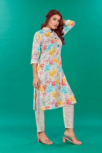FWVT JAIPURU PRINT PRINCE COLLAR KURTI BOTTOM SET - M-38, White