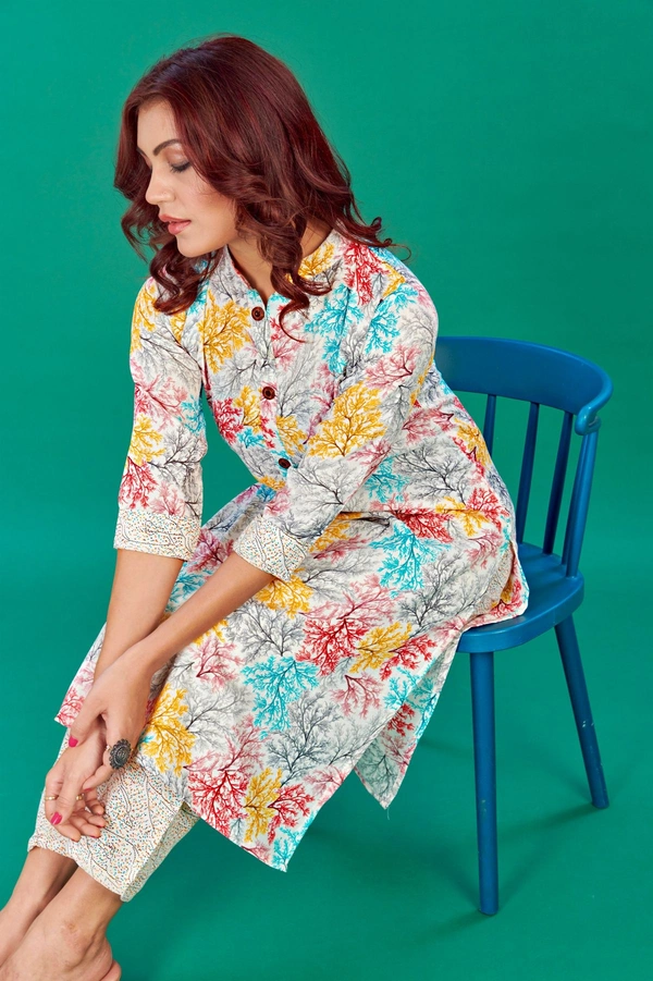 FWVT JAIPURU PRINT PRINCE COLLAR KURTI BOTTOM SET - M-38, White