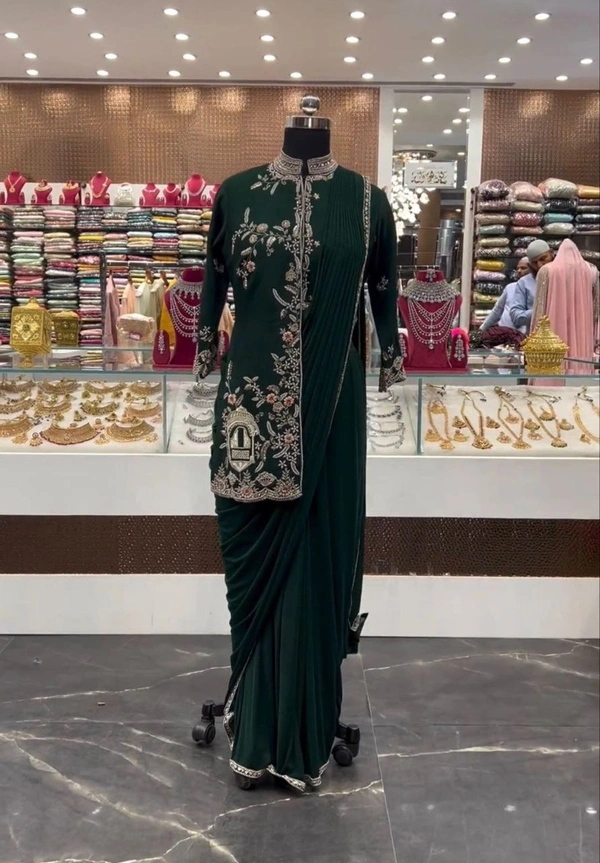 FWHB TRENDING CORDING WORK READY TO WEAR SAREE WITH FULL KOTI - XL, Dark Green