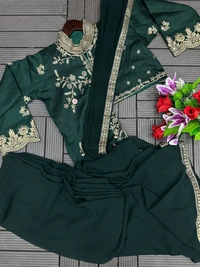 FWHB TRENDING CORDING WORK READY TO WEAR SAREE WITH FULL KOTI - XL, Dark Green