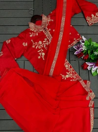 FWHB TRENDING CORDING WORK READY TO WEAR SAREE WITH FULL KOTI - XL, Red