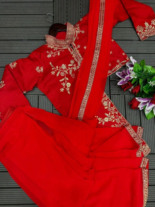 FWHB TRENDING CORDING WORK READY TO WEAR SAREE WITH FULL KOTI - XL, Red