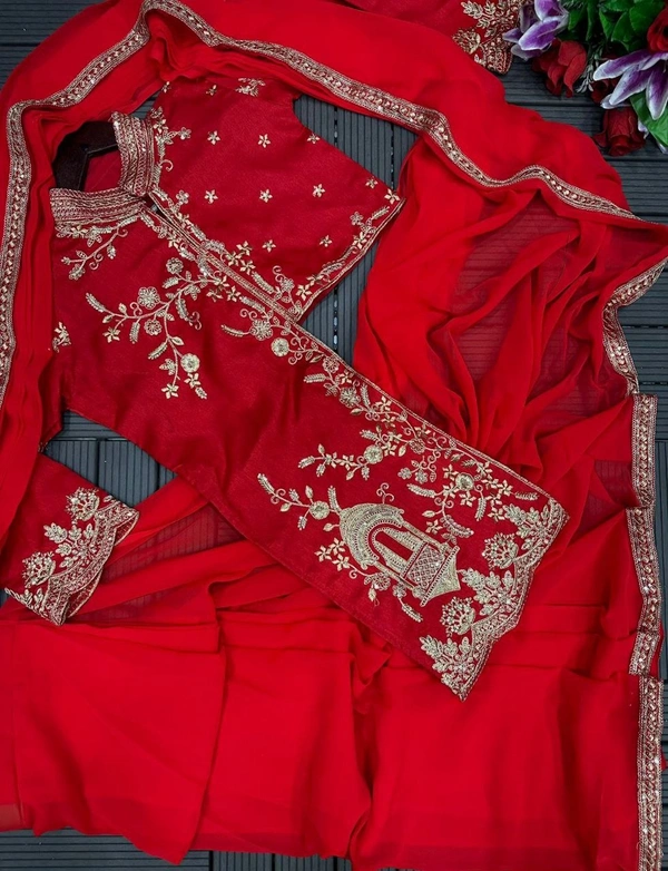FWHB TRENDING CORDING WORK READY TO WEAR SAREE WITH FULL KOTI - XL, Red