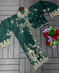 FWHB TRENDING CORDING WORK READY TO WEAR SAREE WITH FULL KOTI - XL, Dark Green