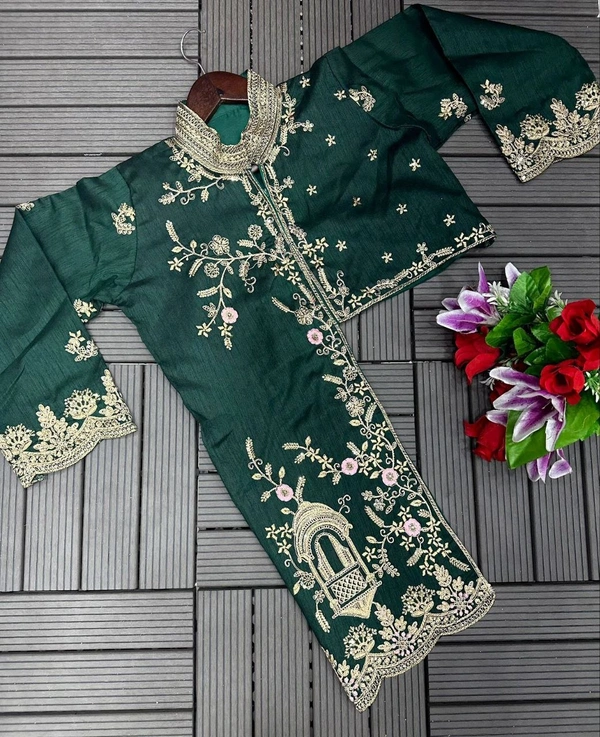 FWHB TRENDING CORDING WORK READY TO WEAR SAREE WITH FULL KOTI - XL, Dark Green