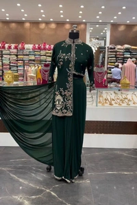 FWHB TRENDING CORDING WORK READY TO WEAR SAREE WITH FULL KOTI - XL, Dark Green