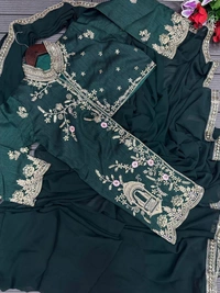 FWHB TRENDING CORDING WORK READY TO WEAR SAREE WITH FULL KOTI - XL, Dark Green