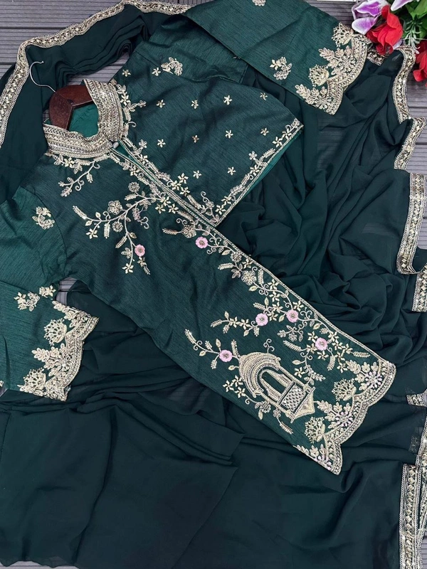 FWHB TRENDING CORDING WORK READY TO WEAR SAREE WITH FULL KOTI - XL, Dark Green