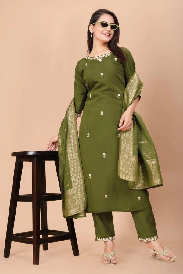 GC STRAIGHT EMBROIDERED VISKOS KURTI SET - M-38, GREEN