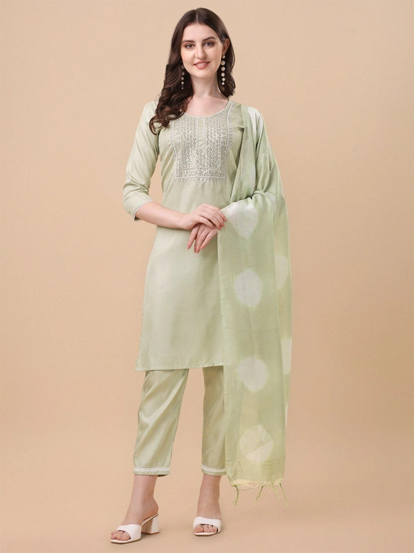 FWVT TRENDIND SOUTH SILK EMBROIDERED KURTI SET - M-38, Pista
