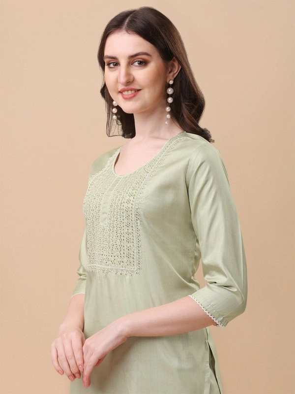 FWVT TRENDIND SOUTH SILK EMBROIDERED KURTI SET - M-38, Pista