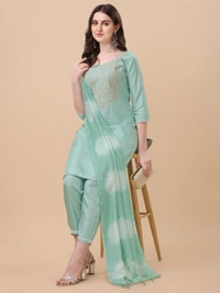 FWVT TRENDIND SOUTH SILK EMBROIDERED KURTI SET - M-38, Aqua