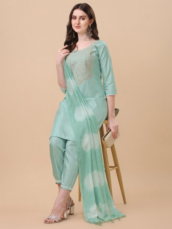 FWVT TRENDIND SOUTH SILK EMBROIDERED KURTI SET - M-38, Aqua