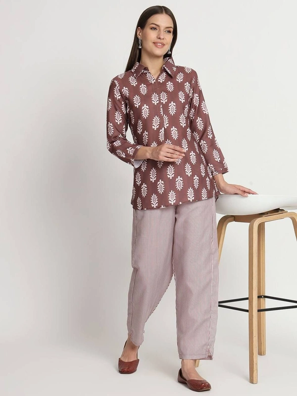 FWVT TRENDING PRINTED COLLAR KURTI WITH PANT - M-38, Purple Brown