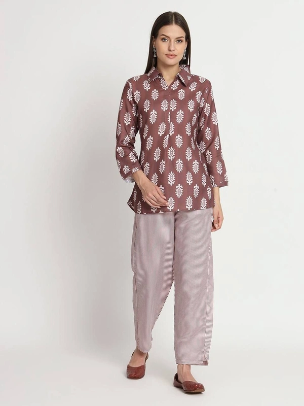 FWVT TRENDING PRINTED COLLAR KURTI WITH PANT - M-38, Purple Brown