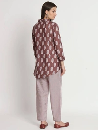 FWVT TRENDING PRINTED COLLAR KURTI WITH PANT - M-38, Purple Brown