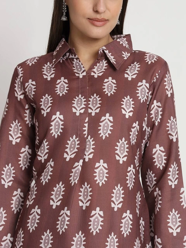 FWVT TRENDING PRINTED COLLAR KURTI WITH PANT - M-38, Purple Brown
