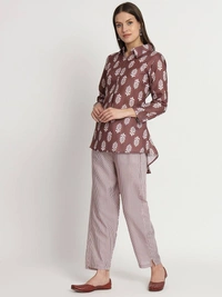 FWVT TRENDING PRINTED COLLAR KURTI WITH PANT - M-38, Purple Brown