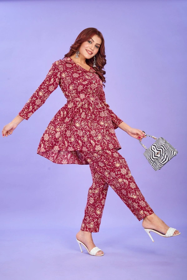FWVT VERY TRENDING AND COMFORTABLE CO-ORD COTTON PRINTED STE - M-38, Maroon