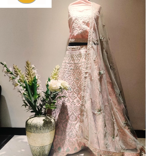 Semi Stitched Lehnga  - 40 waist size, Baby Pink with Sea Green Dupatta