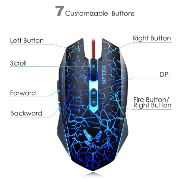 MFTEK Tag 3 2000 dpi LED Backlit Wired Gaming Mouse with Unbreakable ABS Body (Black)