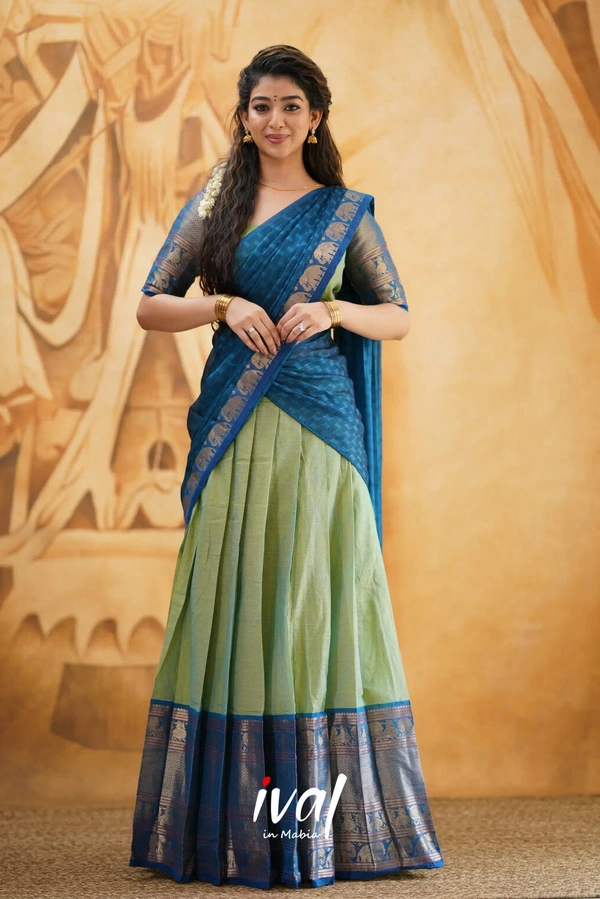 South Indian Traditional Half Saree - Semi Stitched, Teal