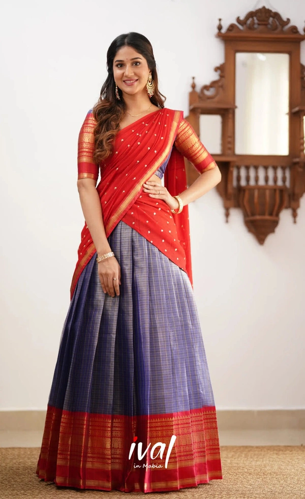 South Indian Traditional Half Saree - Semi Stitched, Blue & Red (1)