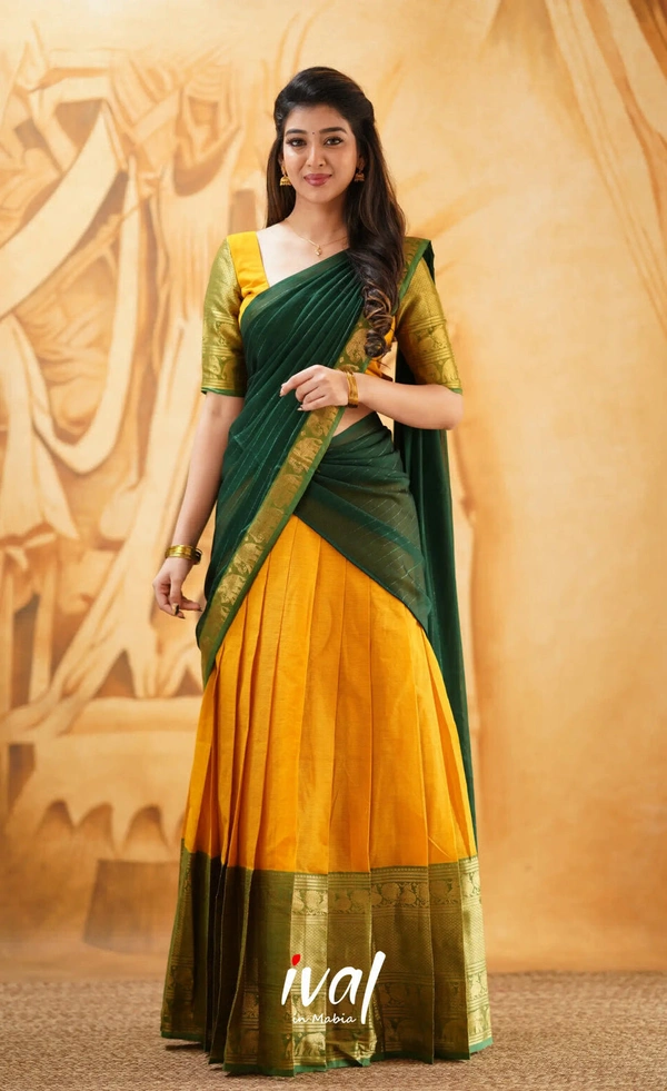 South Indian Traditional Half Saree - Semi Stitched, Yellow & Green