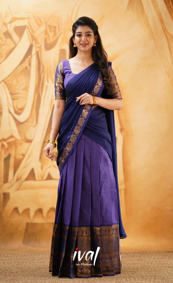 South Indian Traditional Half Saree - Semi Stitched, Yellow & Green