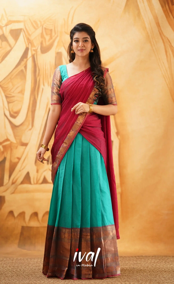 South Indian Traditional Half Saree - Semi Stitched, Yellow & Green