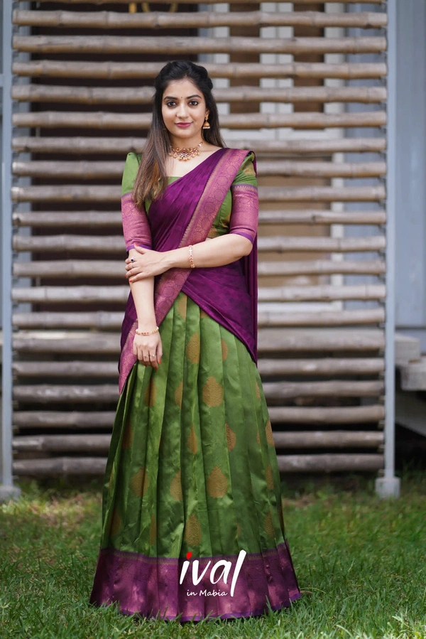 South Indian Traditional Half Saree - Unstitched, Green & Red (2)