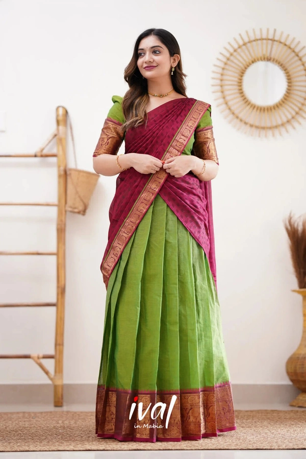 South Indian Traditional Half Saree - Unstitched, Green & Red (2)